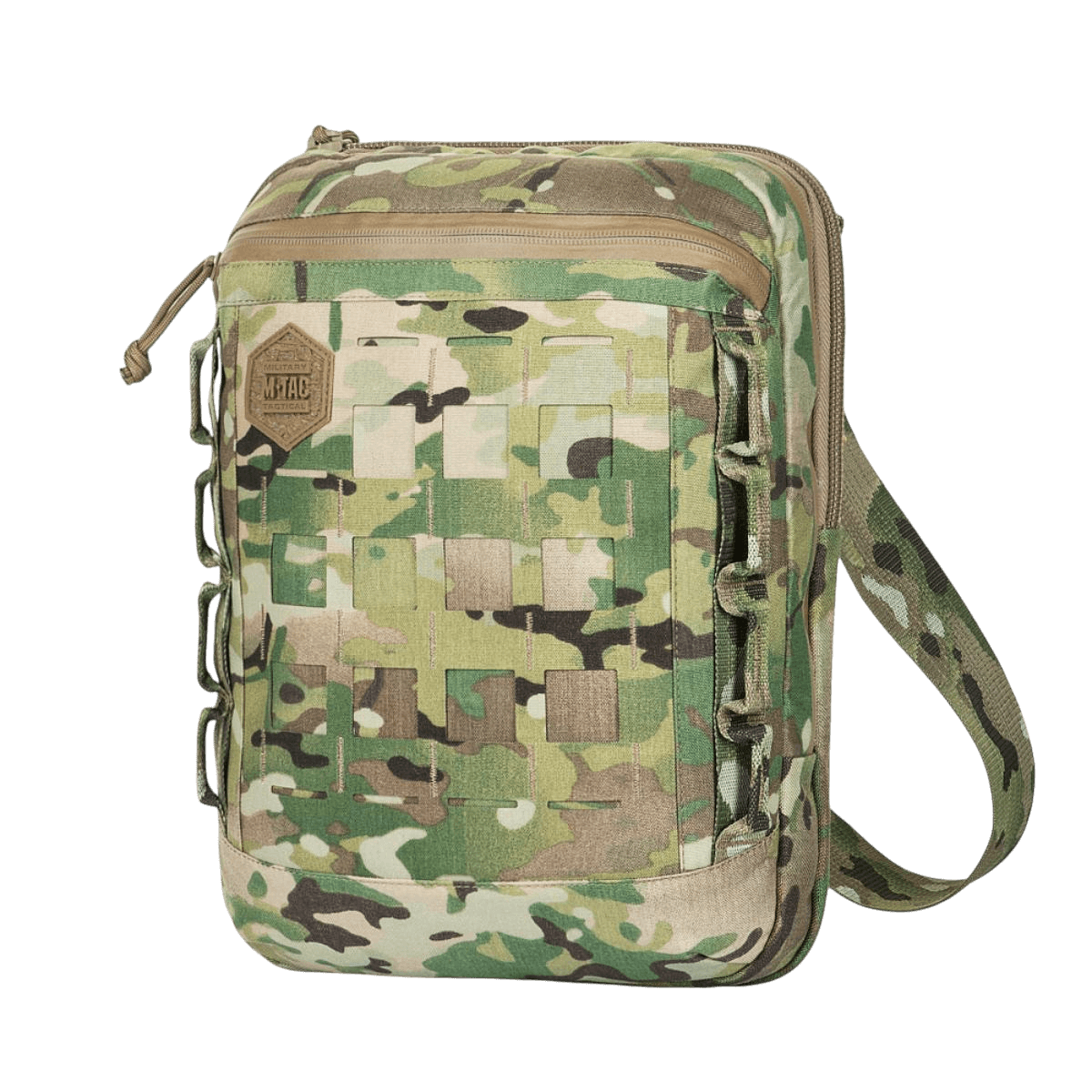M-Tac Tablet Bag Laser Cut Hex camo-kuosissa, kevyt ja käytännöllinen EDC-laukku piilotetulla aseosastolla ja Laser Cut MOLLE -järjestelmällä.