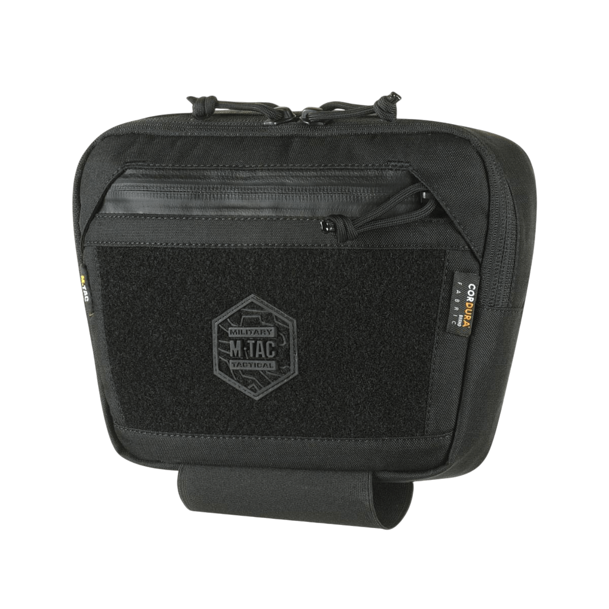 M-Tac Large Elite Gen.II -olkalaukku, musta Cordura 500D, YKK-vetoketjut, etu-Velcro-paneeli ja hexagon-brändilogo.