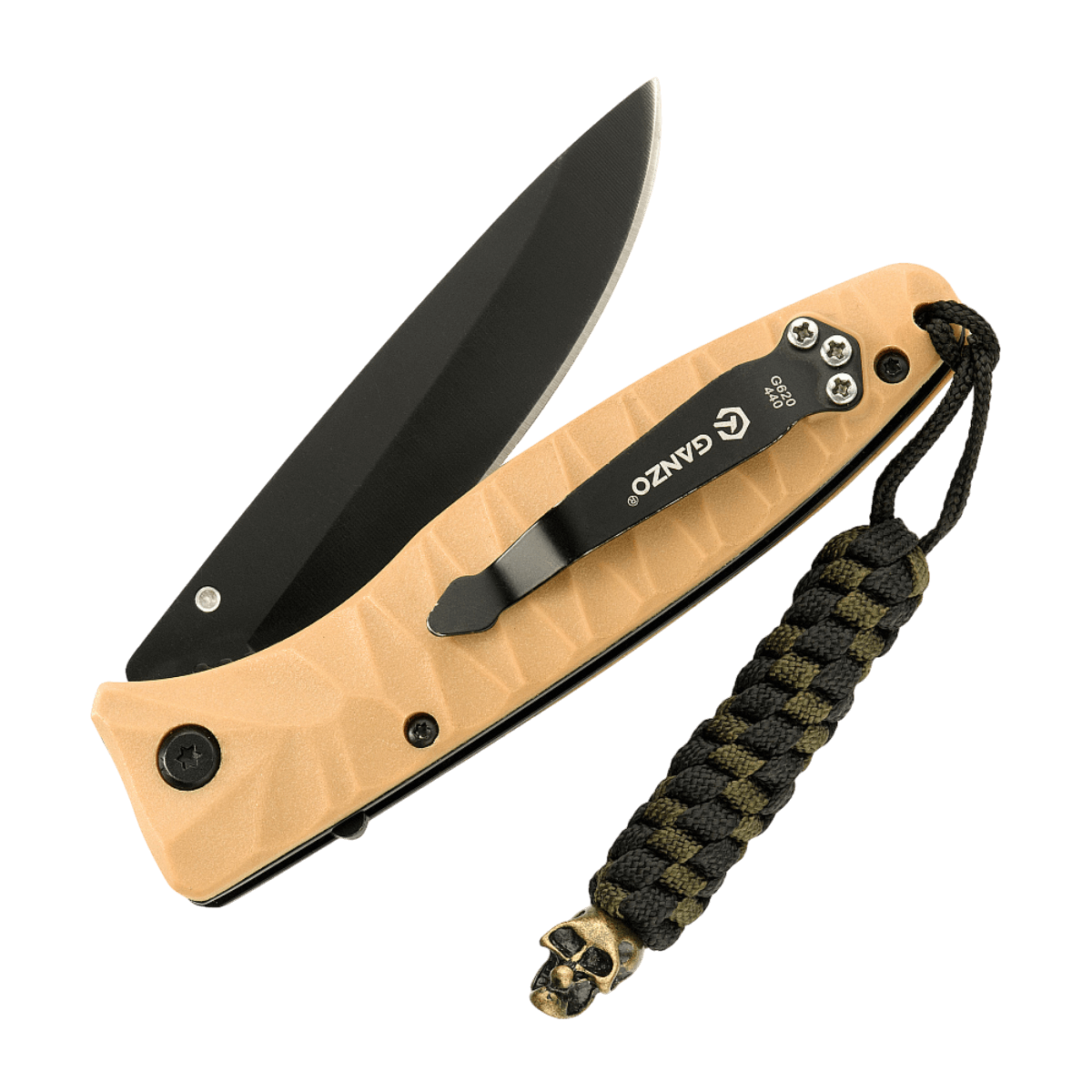 M-Tac Knife Lanyard Helix Skull punottu paracord-lanyard veitsellä ja pääkallo‑riipuksella.