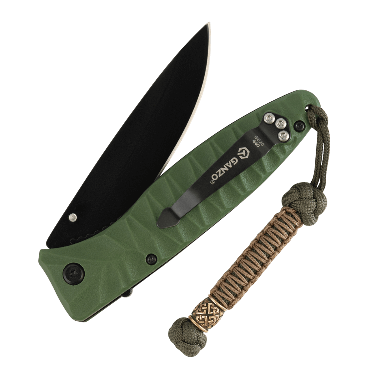 Vihreä taittoveitsi M-Tac Knife Lanyard Celtic -punotulla paracordilla, tyylikäs lisä helpompaan käyttöön ja persoonallisuuteen.