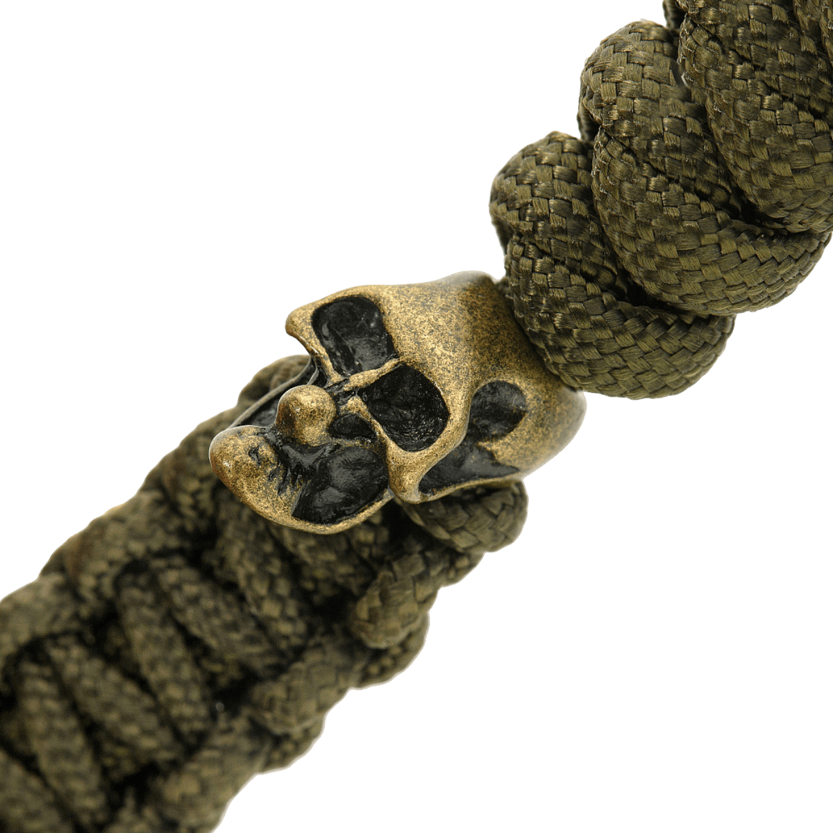 Yksityiskohta oliivinvihreästä M-Tac Loopy Snake Skull Lanyardista, punottu paracord ja koristeellinen metallinen pääkallo, veitselle ja varusteille.