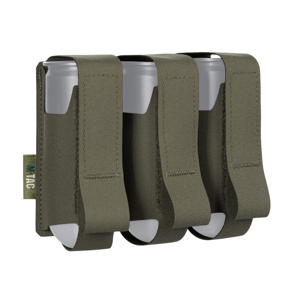 M-Tac pouch 3 VOG-kranaatille, MOLLE-järjestelmä turvalliseen VOG-25 kranaattien säilytykseen, kestävä Cordura Squadron -materiaali.
