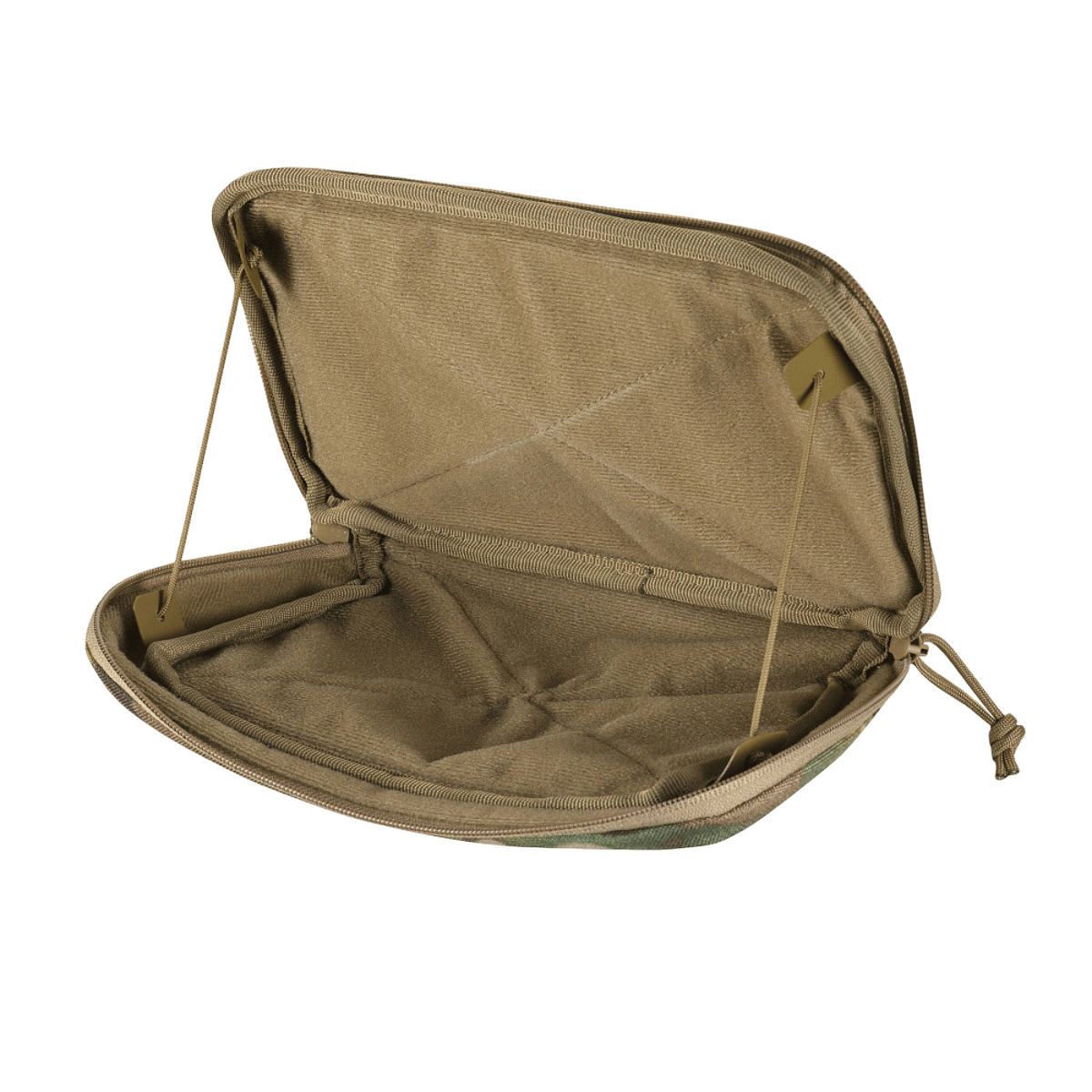 M-Tac Admin Pouch Large Elite avattuna, näyttää tilavan sisäosan taktiseen säilytykseen ja tarraseinät modulaariseen kiinnitykseen.