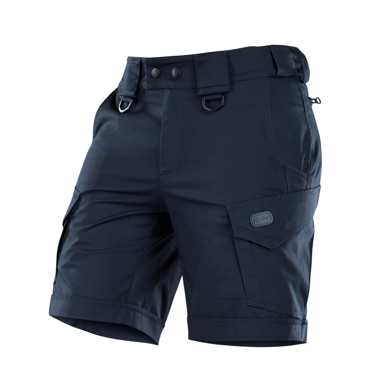 M-Tac Shorts Aggressor Short tummansinisenä, polvipituiset, YKK-vetoketjuilla ja D-renkailla, sopivat kaupunkielämään ja ulkoiluun.