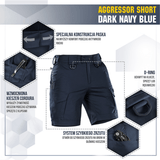 M-Tac Shorts Aggressor Short tummansinisenä taktisin ominaisuuksin ja D-renkaalla, sopiva kaupunki- tai luontokäyttöön, valmistettu joustavasta polycotton Flex rip-stop -materiaalista.