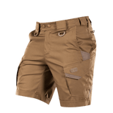 M-Tac Shorts Aggressor Short khakinvärisenä taktisine ominaisuuksineen, YKK-vetoketjuilla ja D-renkailla, ihanteellinen kesäiseen ulkokäyttöön.