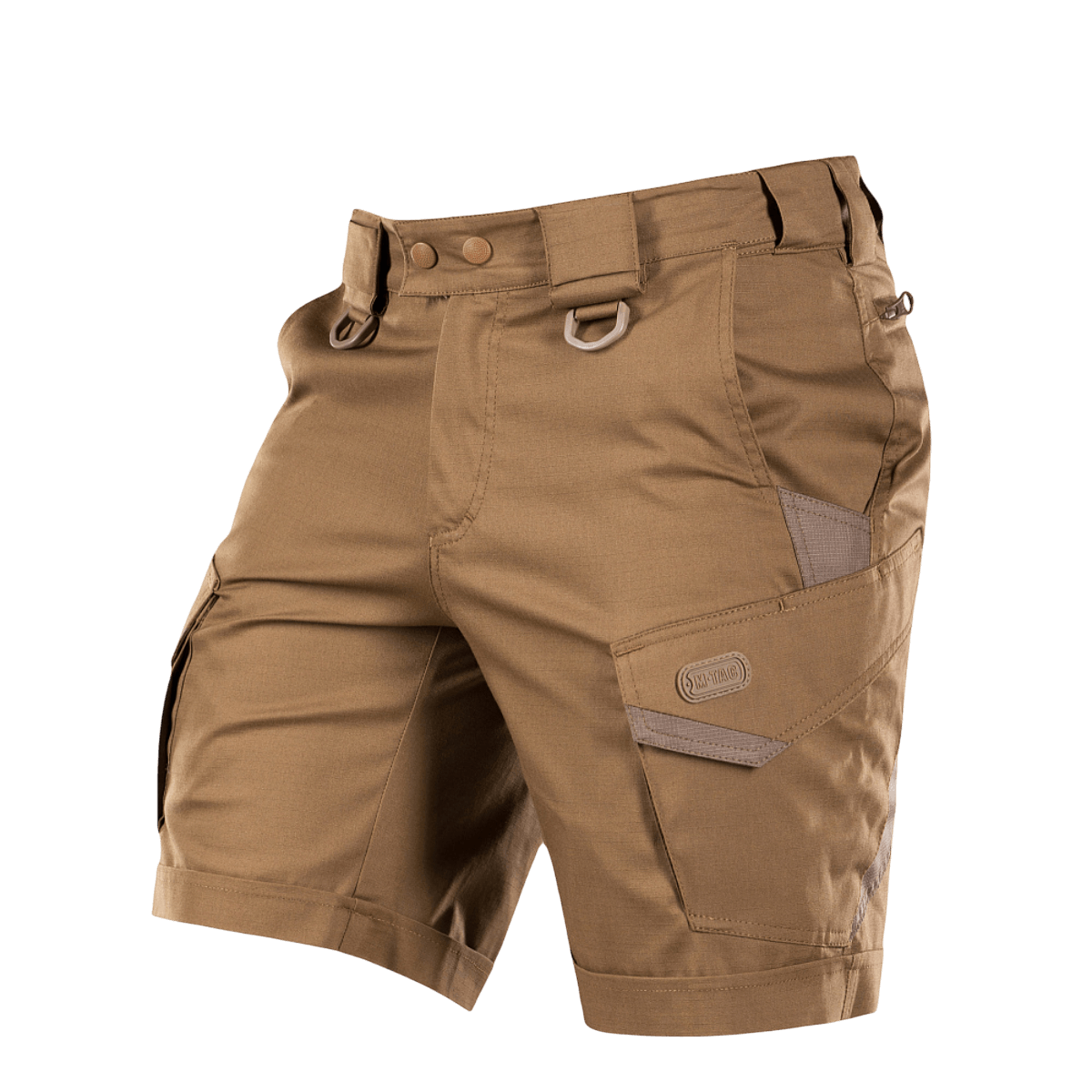M-Tac Shorts Aggressor Short khakinvärisenä taktisine ominaisuuksineen, YKK-vetoketjuilla ja D-renkailla, ihanteellinen kesäiseen ulkokäyttöön.