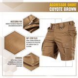 M-Tac Shorts Aggressor Short coyote brown -värissä, valmistettu rip-stop Flex -materiaalista YKK-vetoketjulla, ihanteellinen taktiseen käyttöön ja mukavuuteen.
