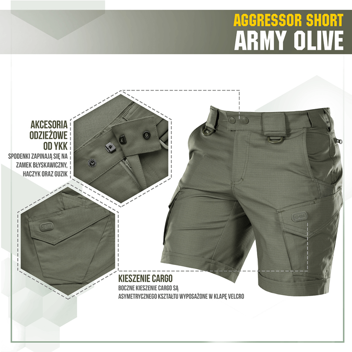 M-Tac Shorts Aggressor Short army-oliivina, taktisia ominaisuuksia, sopii aktiivisiin kevät- ja kesäpäiviin luonnossa tai kaupungissa