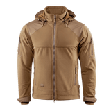 M-Tac Norman Windblock -fleecetakki ruskeana hupulla ja softshell-paneeleilla tuulen ja kylmän suojaksi. Sopii viileään säähän.