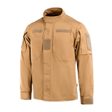 M-Tac Patrol Flex -takki beigenä, Velcro-yksityiskohdilla, pystykraella ja vahvistetulla olkapääosalla, taktiseen käyttöön.
