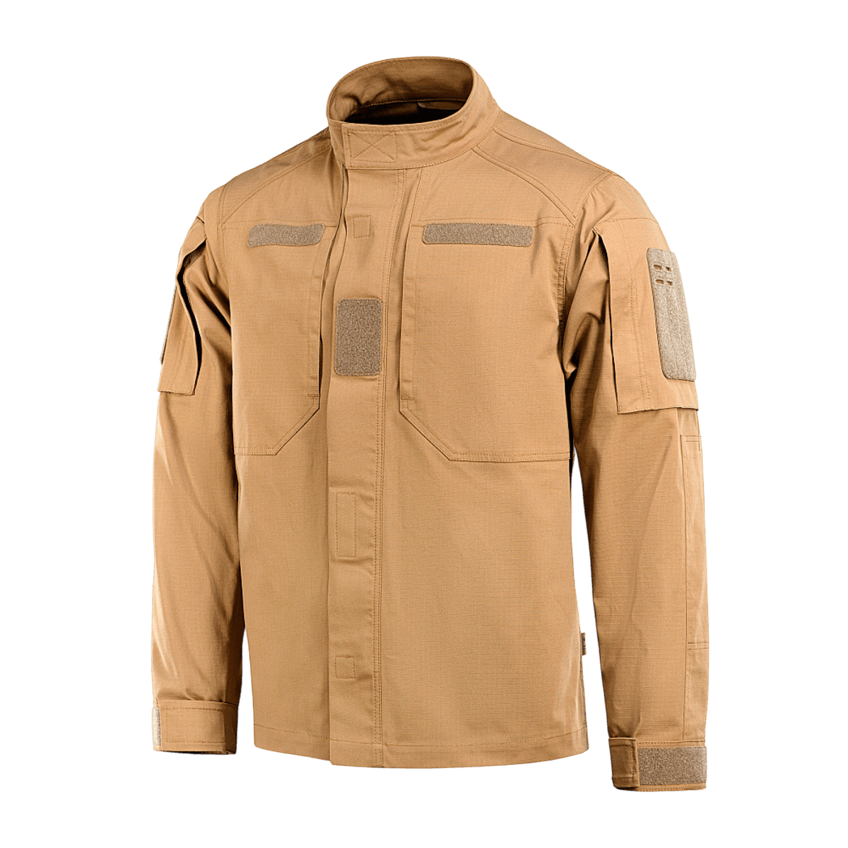 M-Tac Patrol Flex -takki beigenä, Velcro-yksityiskohdilla, pystykraella ja vahvistetulla olkapääosalla, taktiseen käyttöön.