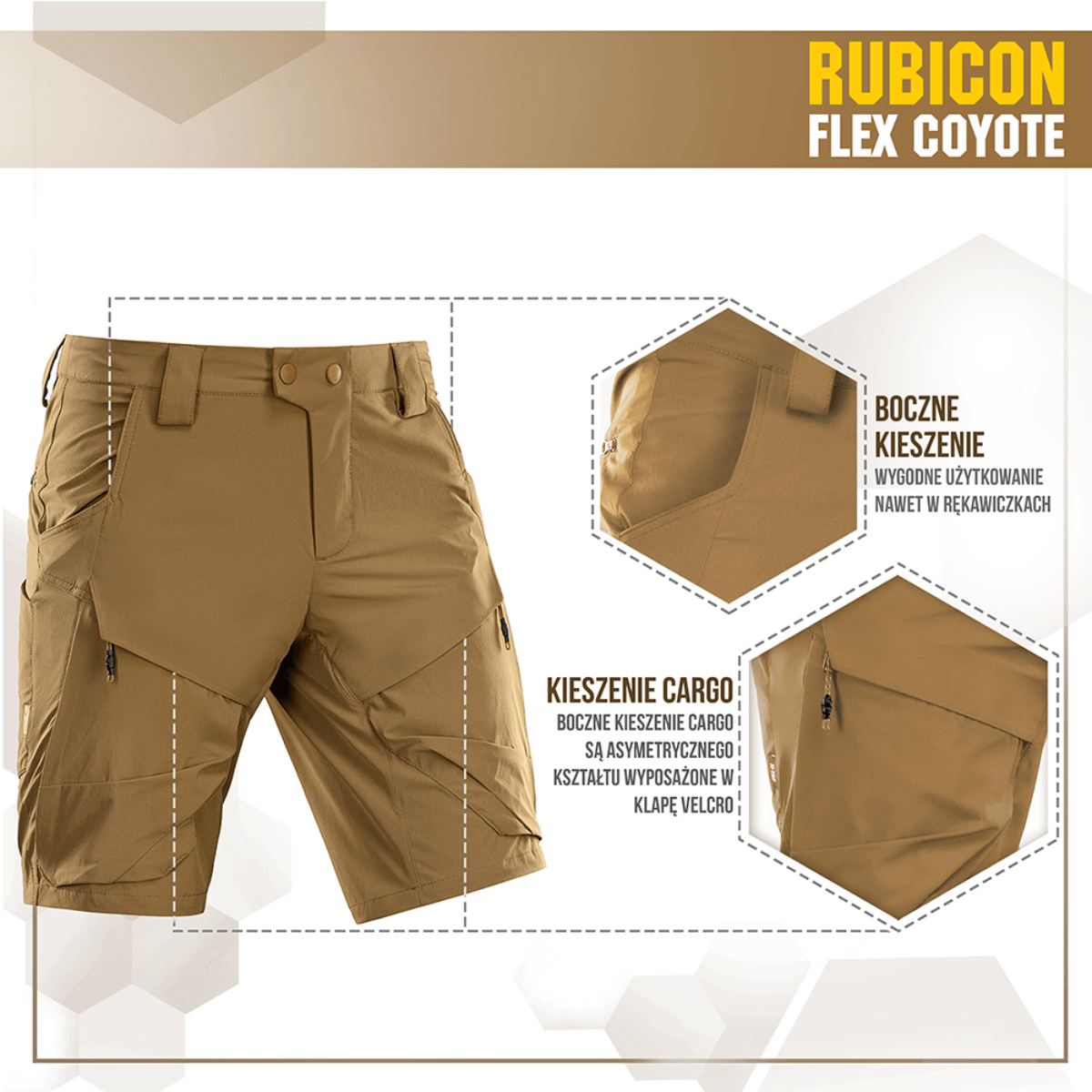 M-Tac Shorts Rubicon Flex tumman oliivinvihreänä, suunniteltu cargotaskuilla maksimaaliseen liikkumisvapauteen, vettä hylkivä ja värinpitävä.