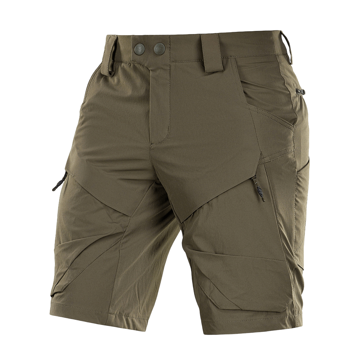 M-Tac Shorts Rubicon Flex tummanoliivinvihreät, cargotaskut, valmistettu 85% nylonista ja 15% spandexista, YKK-vetoketjut, vettä hylkivä.