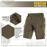 M-Tac Shorts Rubicon Flex tummanoliivinvihreät, cargotaskut, 4-suuntainen jousto ja vettä hylkivät YKK-vetoketjut mukavuuteen ja liikkuvuuteen.