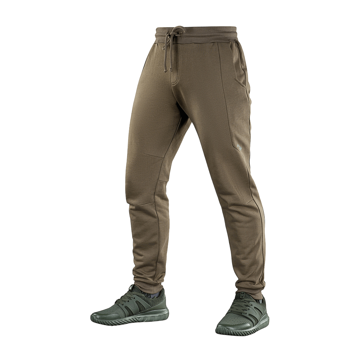M-Tac Stealth Cotton -housut ruskeana, puuvillahousut kuminauhalla vyötäröllä ja sivutaskuilla, ihanteelliset juoksuun ja treeniin.