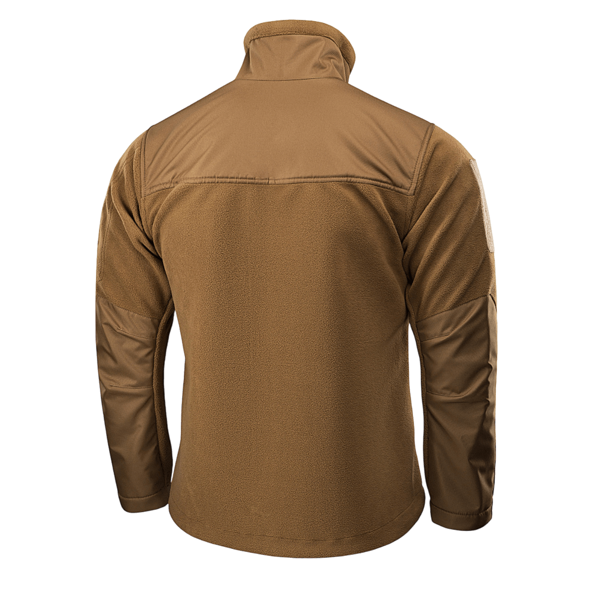 M-Tac Alpha Microfleece takki Gen.II ruskeana takaa nähtynä, sopii taktiseen ja ulkokäyttöön kylmässä säässä, valmistettu kestävästä fleecestä.