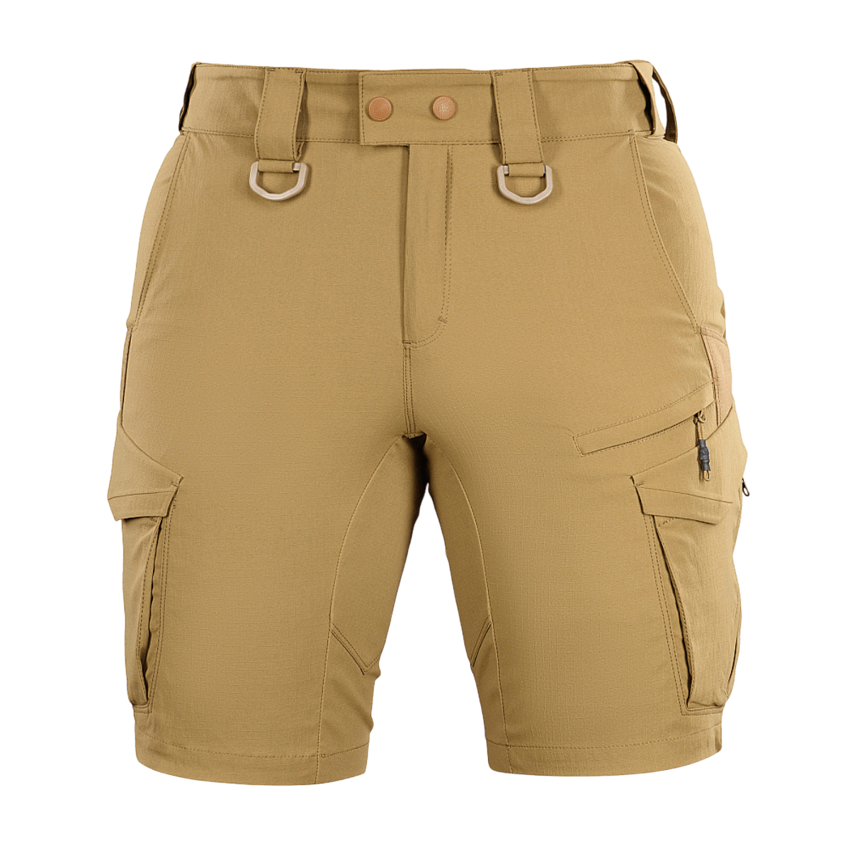 M-Tac Aggressor Summer Flex Shorts hiekansävyssä, kevyet taktiset shortsit säädettävällä vyötäröllä ja monilla toiminnallisilla taskuilla.