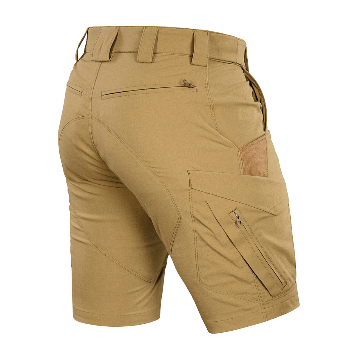 M-Tac Aggressor Summer Flex Shorts khakina, kevyet taktiset shortsit Flex Rip-Stop -kankaasta ja useilla toiminnallisilla taskuilla.
