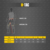 M-Tac Aggressor Summer Flex Shorts -kokoguide, vyötärö- ja lahjemitat senttimetreinä optimaaliseen istuvuuteen.
