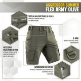 M-Tac Aggressor Summer Flex Shorts oliivinvihreänä, käytännöllisillä yksityiskohdilla kuten taskut ja D-ring varusteiden kiinnitykseen.