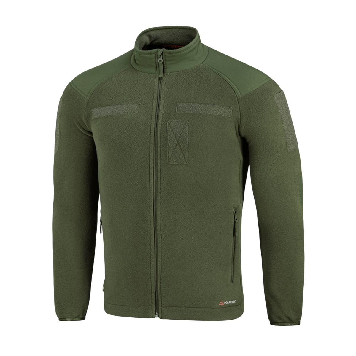 M-Tac Combat Fleece Polartec -takki oliivinvihreänä, Polartec-fleece ja YKK-vetoketjut, suunniteltu taktiseen ja arkipukeutumiseen.