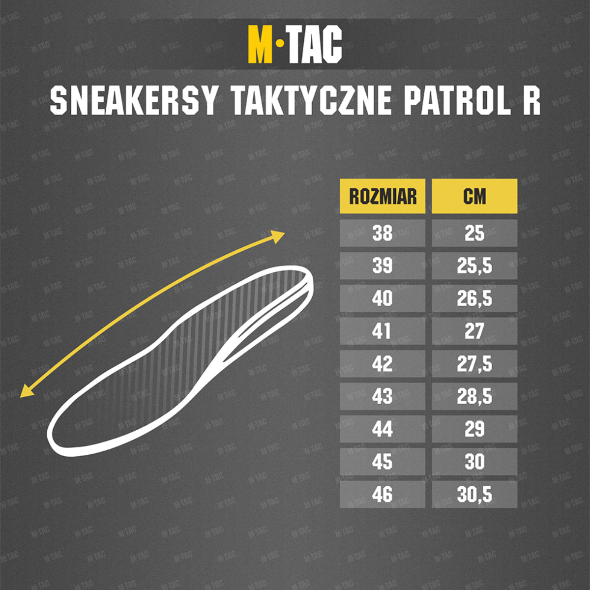 M-Tac Tactical Sneakers Patrol R Vent -kokodiagrammi näyttää EU-kengänkoot ja vastaavat mitat senttimetreinä.