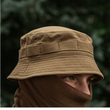 M-Tac Panamahat Gen. II Summer Flex camel nylon/elastaani kevyt, hyvä ilmanvaihto ja NIJ-sertifiointi, esillä käytössä, galleria-asento 1