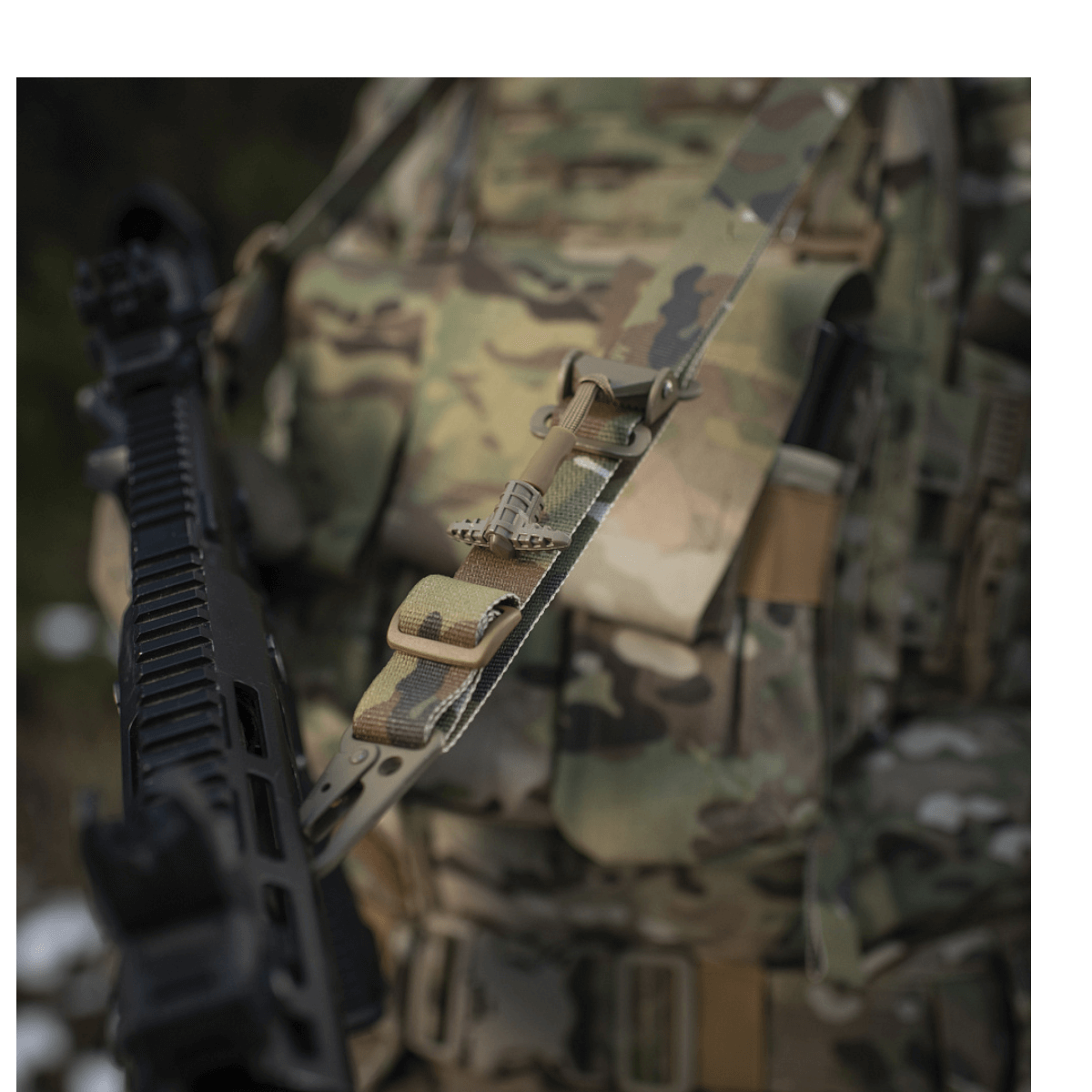 M-Tac Universal Våbenrem, multicam nylon, säädettävä pituus ja vahva karabiinihaka, taktiiseen aseen käsittelyyn, galleria, positio 1
