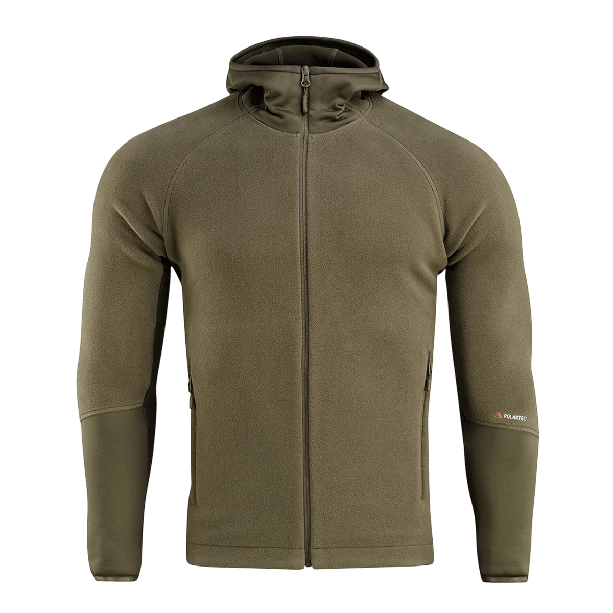 M-Tac Polartec Sport -huppari vihreänä, tarjoaa lämmöneristyksen ja hengittävyyden, sopii fyysiseen aktiivisuuteen vaihtelevassa säässä.