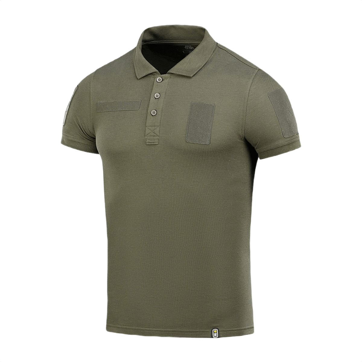 M-Tac Tactical Polo Shirt 65/35 oliivinvihreä Velcro-paneeleilla, suunniteltu poliisi- ja turvallisuuskäyttöön, puuvilla/polyester-sekoitus