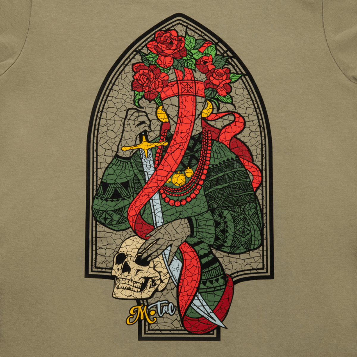 M-Tac T-Shirt Motanka Motanka-nukkekuvituksella, perinteinen ukrainalainen asu, miekka ja risti-symboliikka.