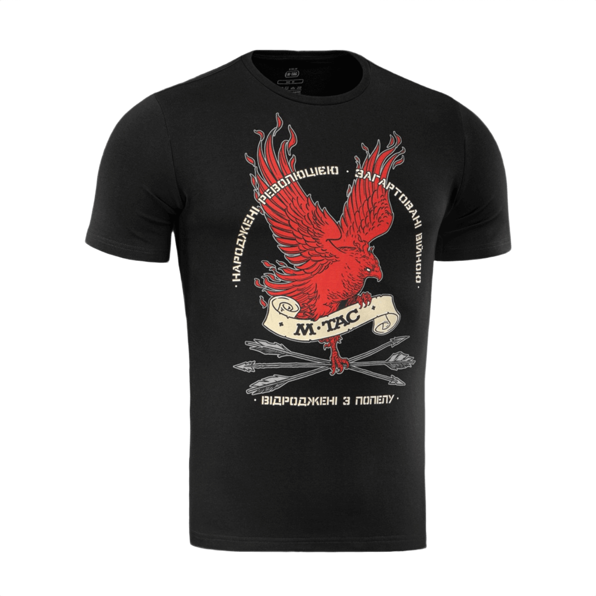 M-Tac T-Shirt Phoenix -Fenix-designilla, symboloi uudelleensyntymistä ja voimaa, printattuna merkin sloganilla ja ristikkäisillä nuolilla.