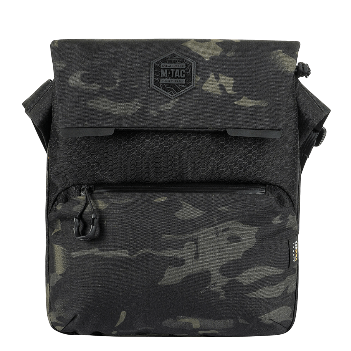 M-Tac Konvert Taske Elite musta camo, säädettävä olkahihna ja Cordura-materiaali, sopii monipuoliseen käyttöön.