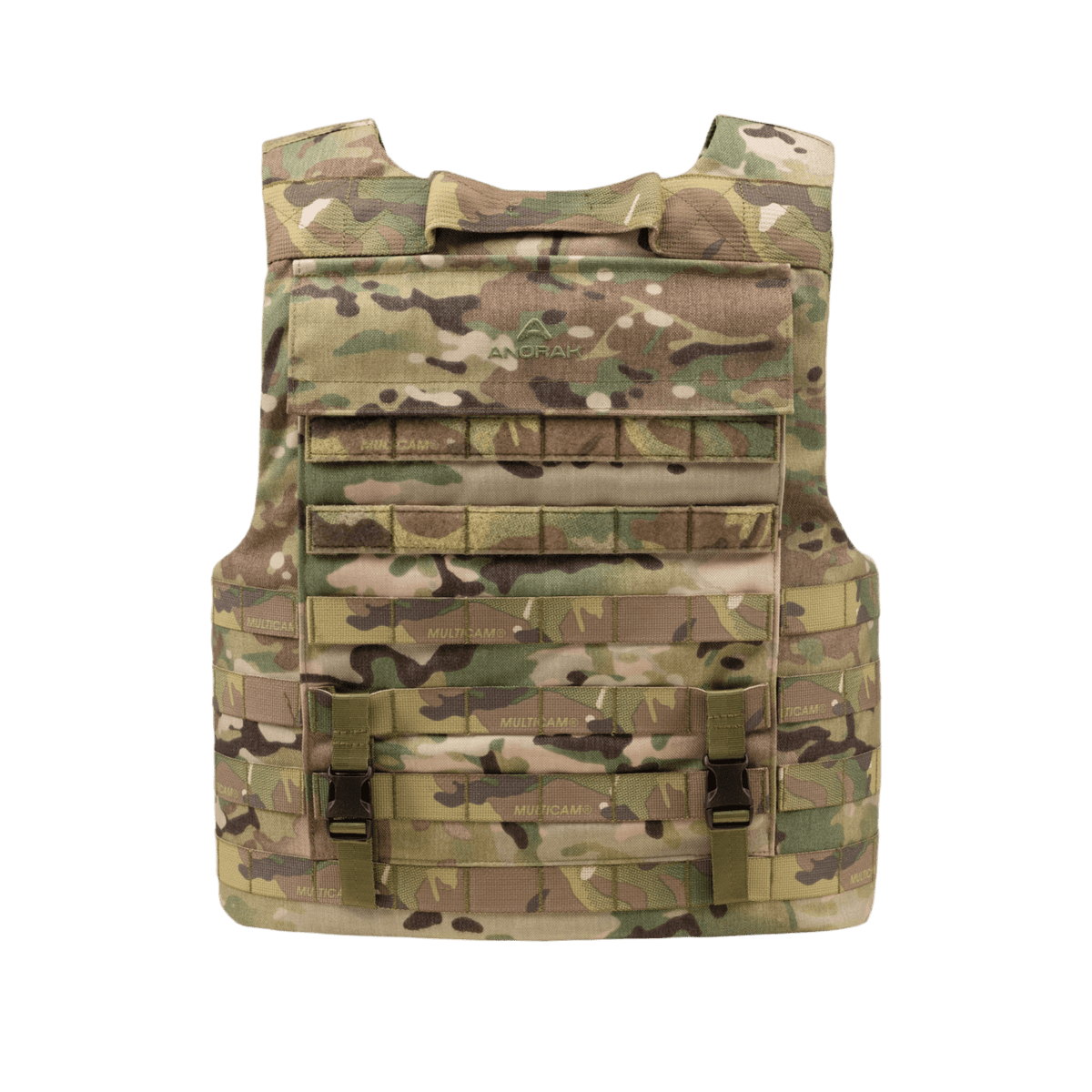 Anorak Tactical III Cover MultiCam® etunäkymä, esittelee CORDURA®-muotoilun ja 3D SPACER Coolmax® fresh -vuorauksen kestävyyttä ja hengittävyyttä.