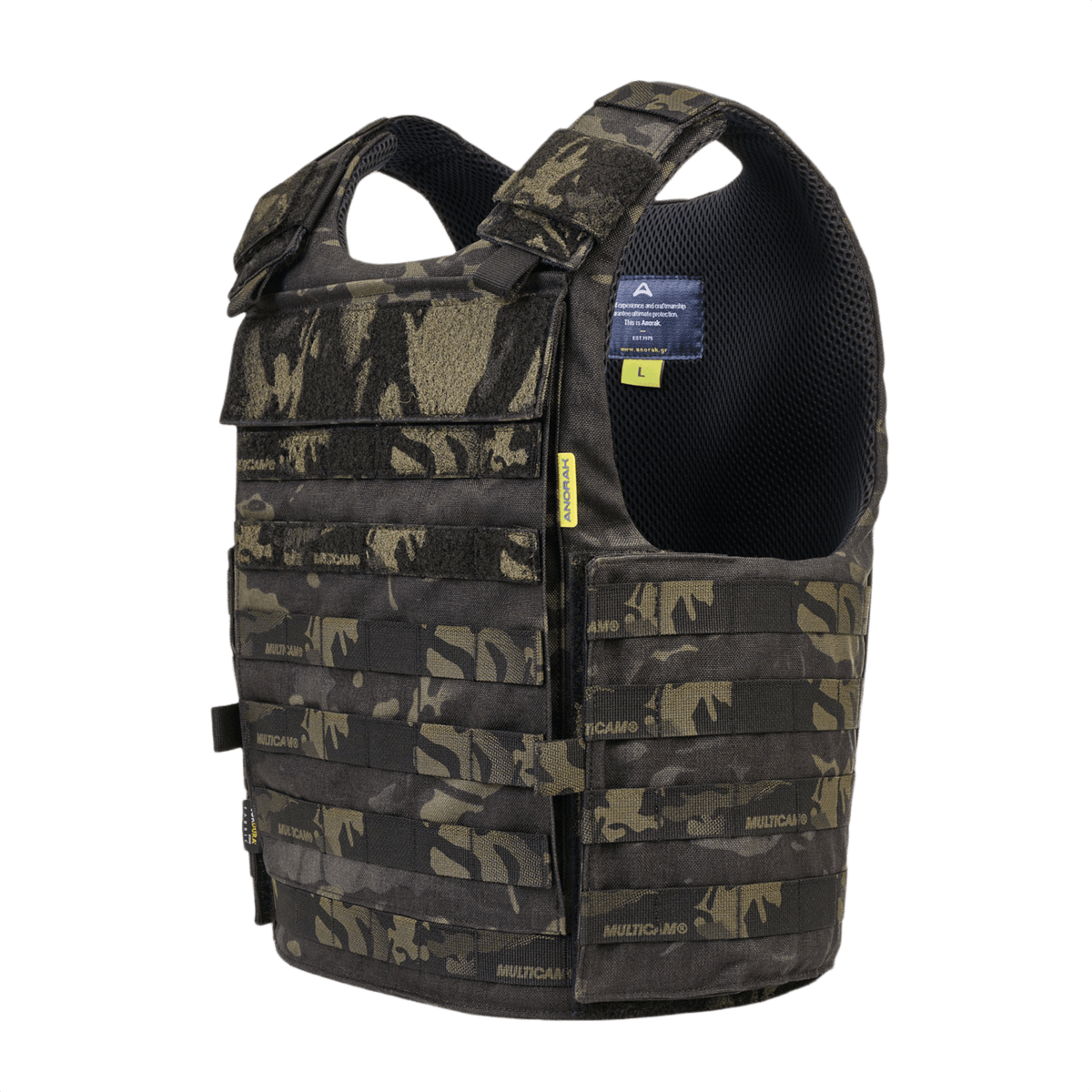 Anorak Rhodium® Tactical III MultiCam® pistos- ja luotiliivi, NIJ 0101.06 taso Level IIIA suoja, musta ja maastokuvio.