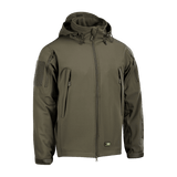 M-Tac Soft Shell -takki sisäisellä polyuretaanikalvolla ja fleece-vuorella huonoa säätä vastaan. Tuuli- ja vesihylkivä takki oliivinvärisenä.
