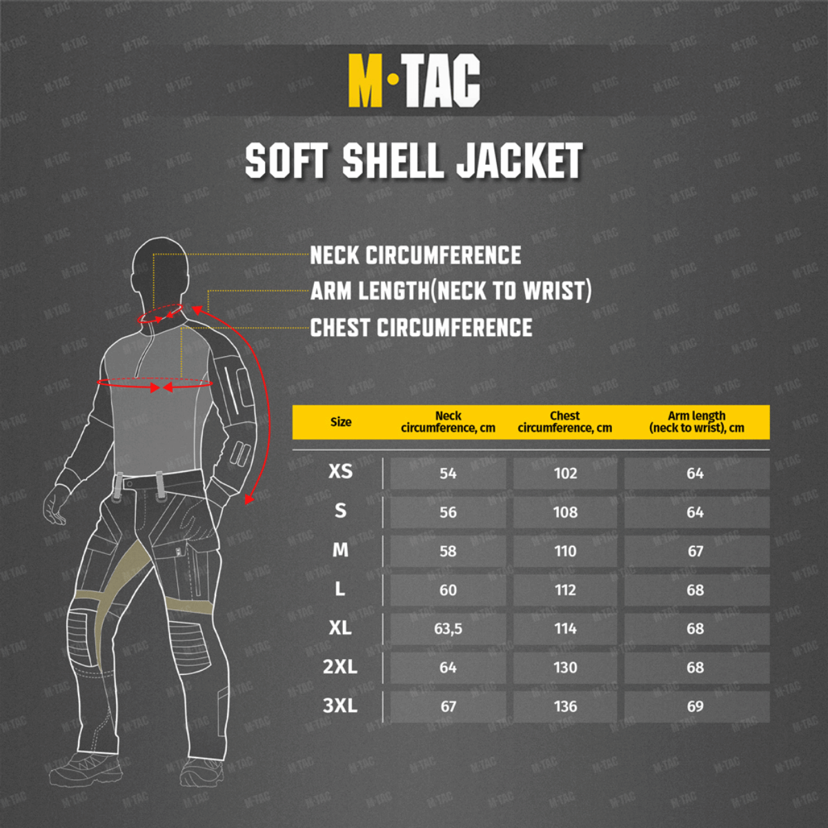 M-Tac Soft Shell Jakke kokotaulukko, mitat kaulalle, rinnalle ja hihoille senttimetreinä eri kokoluokille.