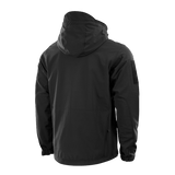 M-Tac Soft Shell -takki mustana polyuretaanikalvolla, takaa kuvattuna fleece-vuorella ja sääsuojalla, sopii ulkoiluun.