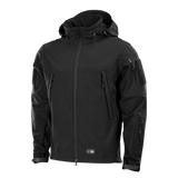 M-Tac Soft Shell -takki mustana, sisäinen polyuretaanikalvo ja fleece-vuori, sääsuojaava ja kevyt malli.