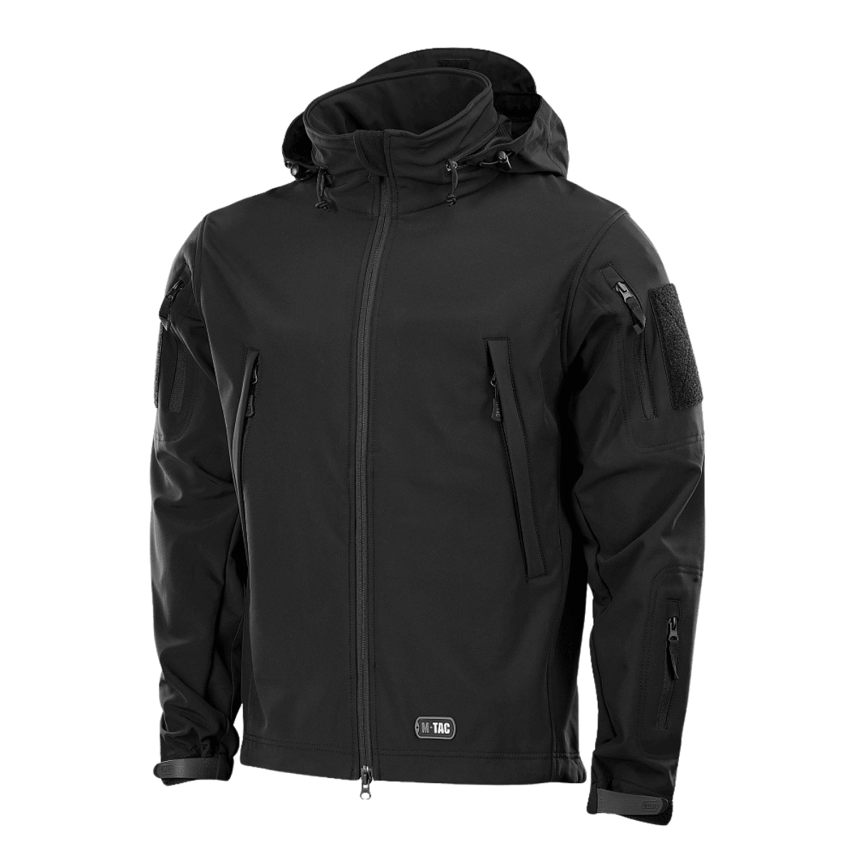 M-Tac Soft Shell -takki mustana, sisäinen polyuretaanikalvo ja fleece-vuori, sääsuojaava ja kevyt malli.