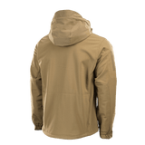 M-Tac Soft Shell -takki takaa kuvattuna, huppu ja tukevat saumat, sopii suojaamaan huonoa säätä vastaan.
