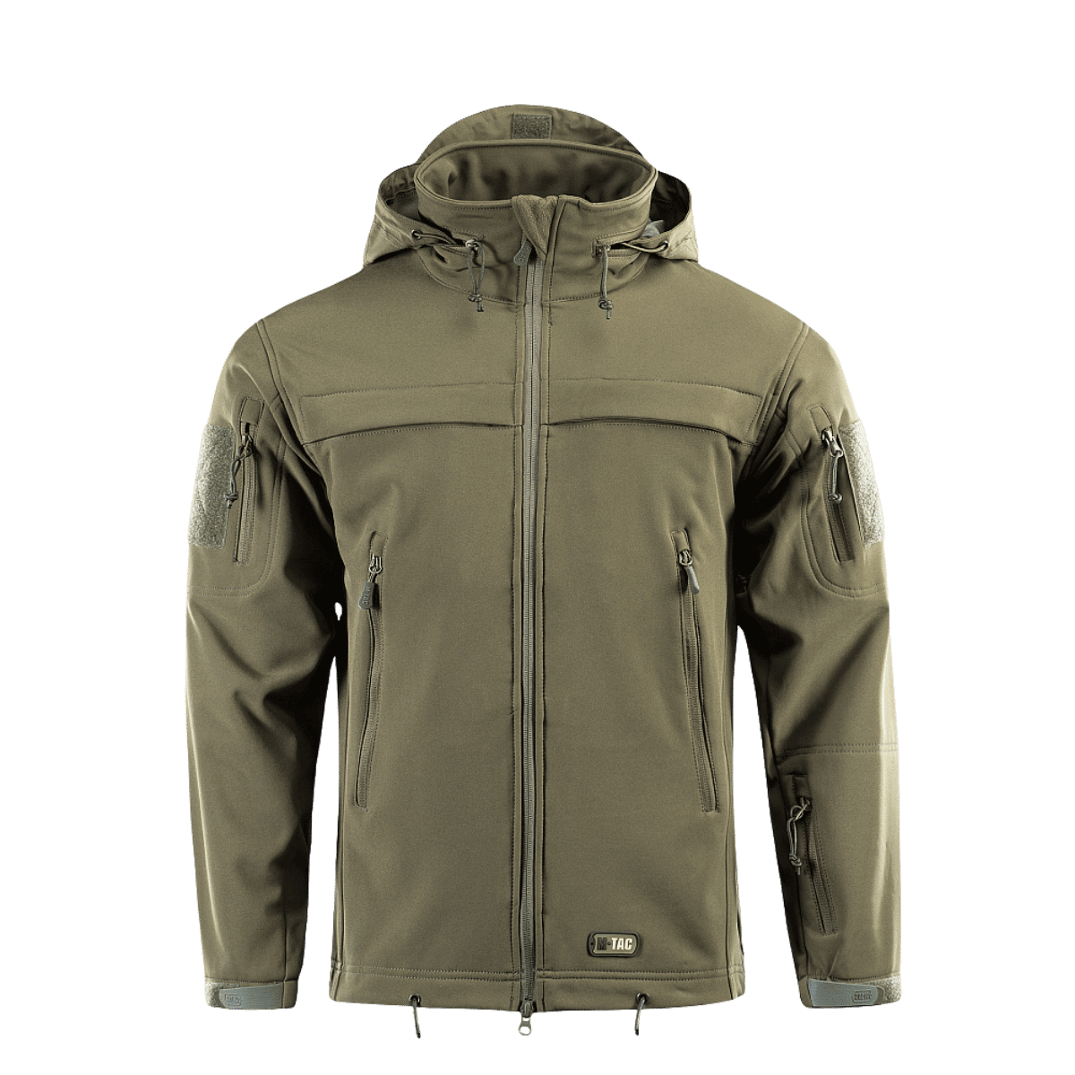 M-Tac Soft Shell Police Jakke vihreänä, säädettävällä hupulla ja tuulta hylkivällä materiaalilla suojaamaan kaikissa sääolosuhteissa.