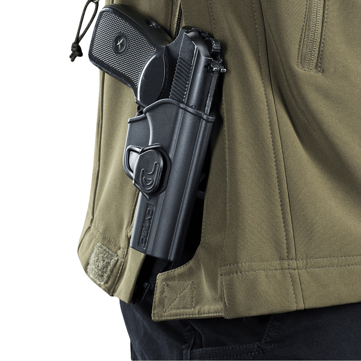 M-Tac Soft Shell Police Jakke sivunäkymä, piilotetun pistoolikotelon kanssa, toiminnallinen muotoilu sääsuojaukseen ja liikkumavapauteen.
