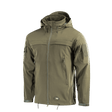 M-Tac Soft Shell Police Jakke oliivinvihreänä, suunniteltu säädettävällä hupulla ja tunnistepaneeleilla poliisikäyttöön.