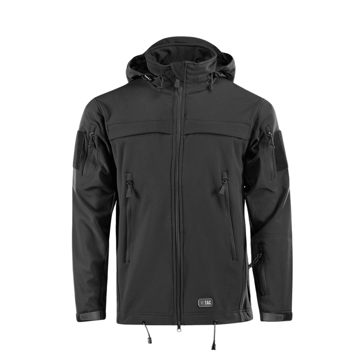 M-Tac Soft Shell Police Jakke mustana, säädettävällä hupulla, sisäinen polyuretaanikalvo ja taktiset paneelit ammatilliseen käyttöön.