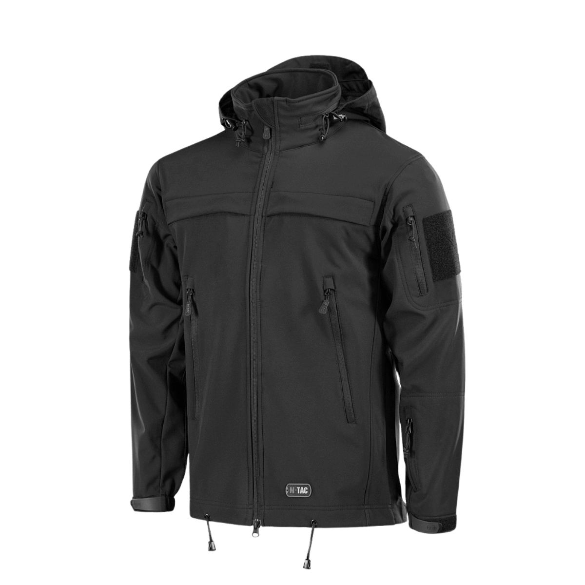 M-Tac Soft Shell Police Jakke säädettävällä hupulla ja tunnistettavilla paneeleilla, suunniteltu tuulta ja säätä vastaan.