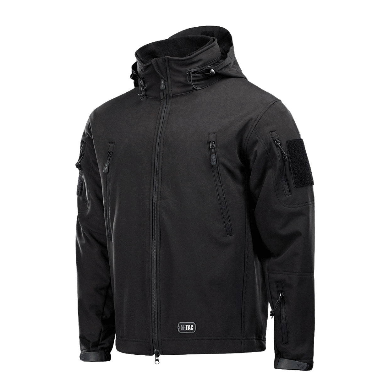 M-Tac Soft Shell Jakke med Liner mustana, irrotettavalla fleecenvuorella ja useilla vetoketjutaskuilla, sopii huonoon säähän.