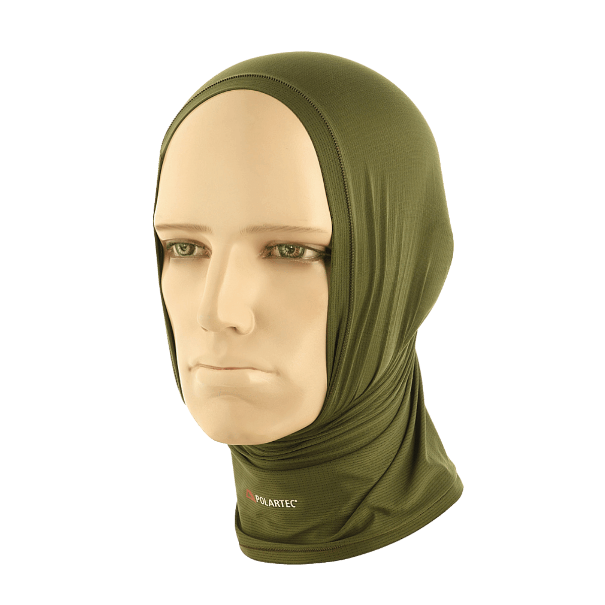 M-Tac Polartec Vent Tube Scarf oliivinvärisenä mallinuken päällä, monitoiminen kaulahuivi ja kasvomaski tuulta ja kylmää vastaan