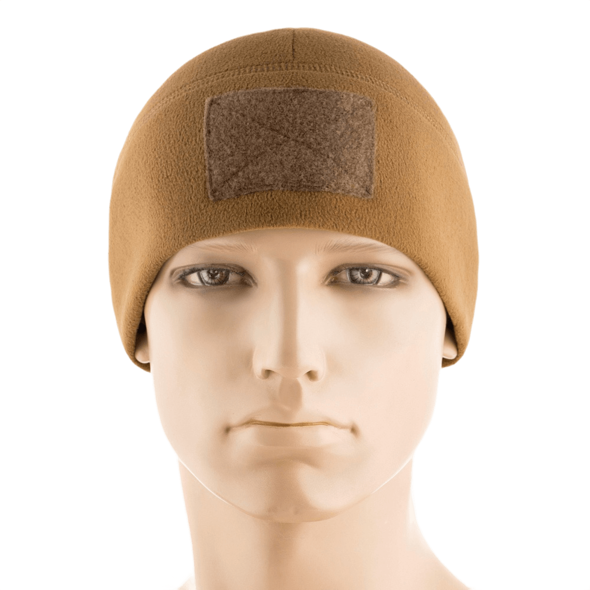 M-Tac Fleece Tactical Watch Cap Beanie m. Patch Panel ruskeana mallin päässä, ihanteellinen taktiseen käyttöön ja ulkoiluun.